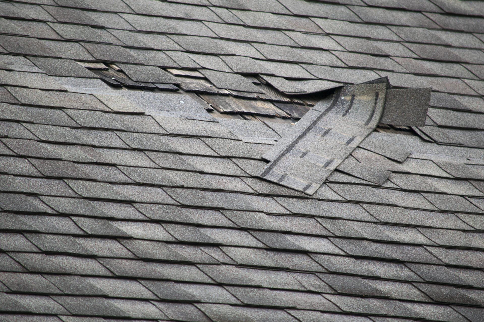 Damaged gray shingle roof with a torn section exposing the underlayment