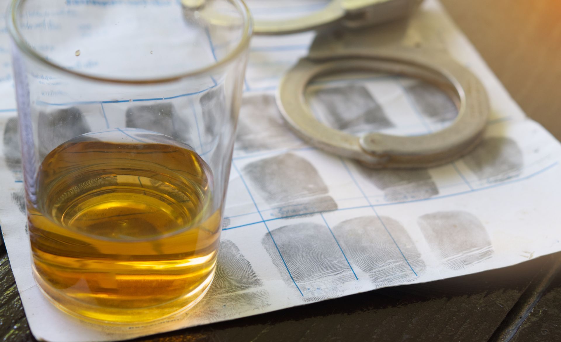 Glass of amber liquid on a newspaper with a magnifying glass nearby