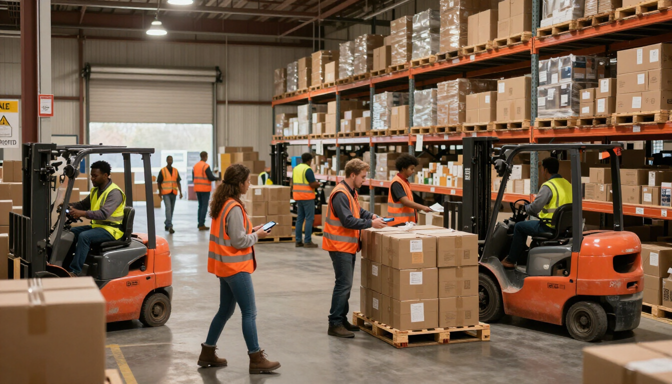 Seasonal warehouse workers loading pallets at a Springfield, MA distribution facility.