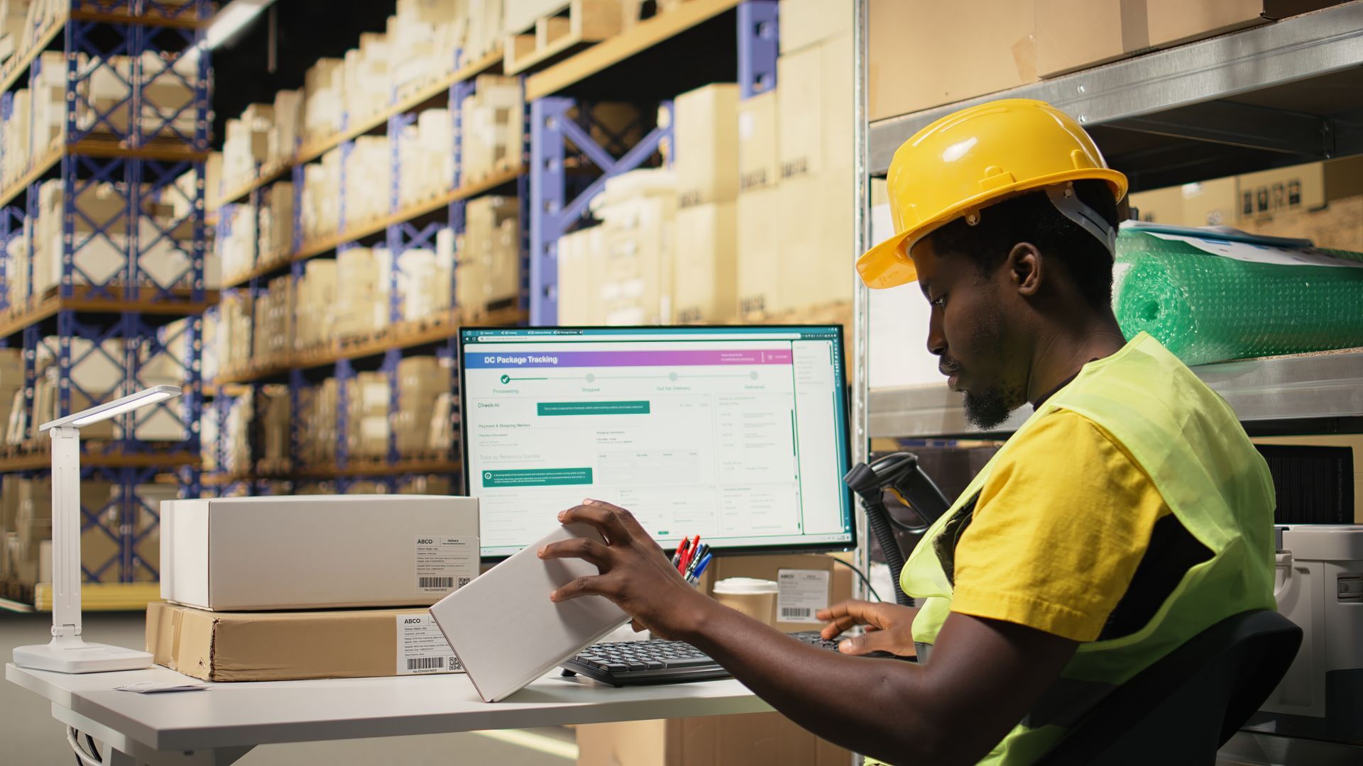 Warehouse worker in yellow hard hat reviewing paperwork at a computer in a stocked warehouse