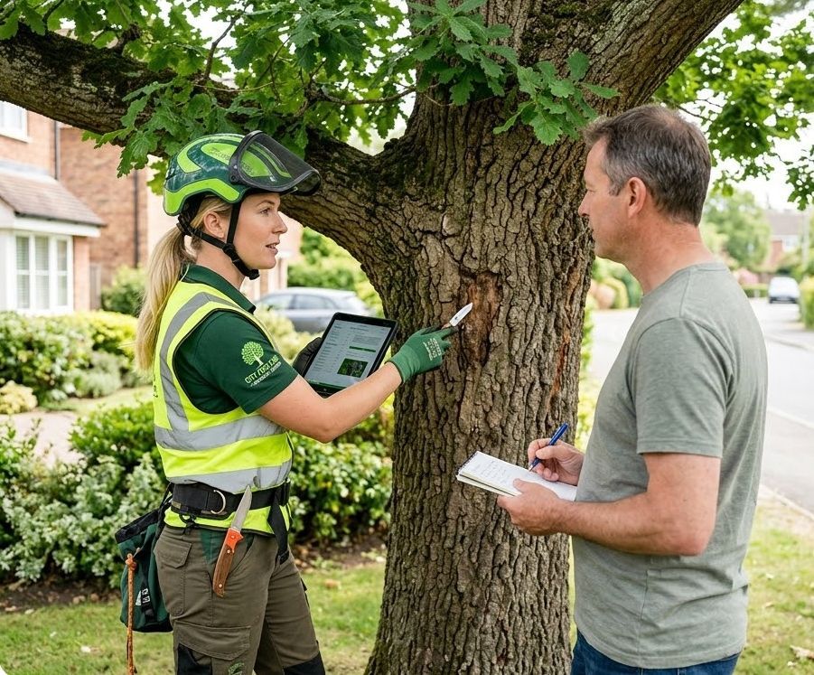 Arborist showing tree trunk damage to homeowner on tablet.