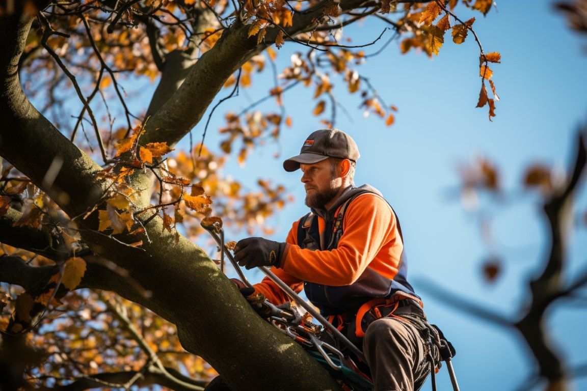 Arborist in safety gear climbing a tree with ropes and harness.