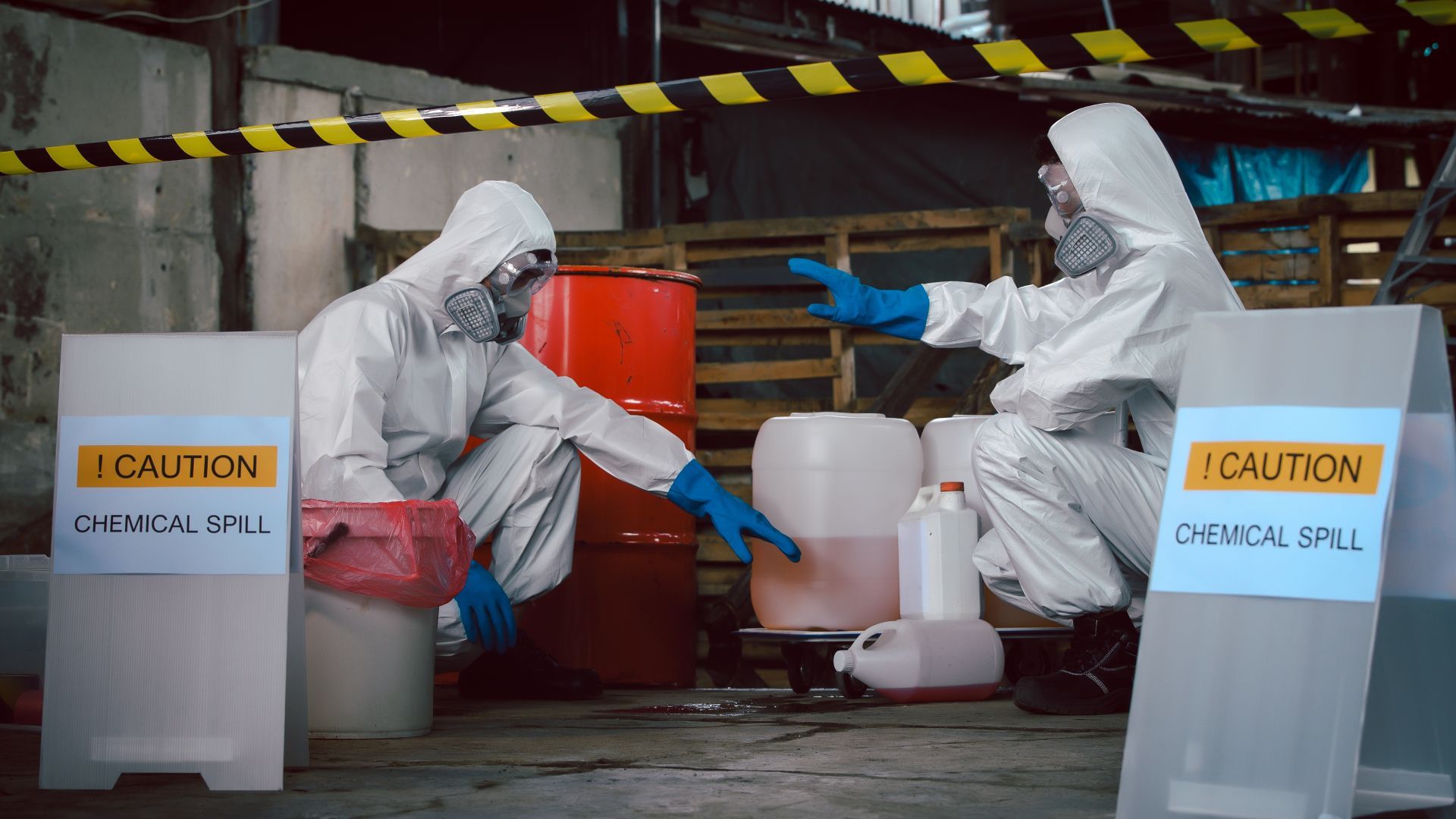 Two men in protective suits are sitting next to each other in a warehouse.