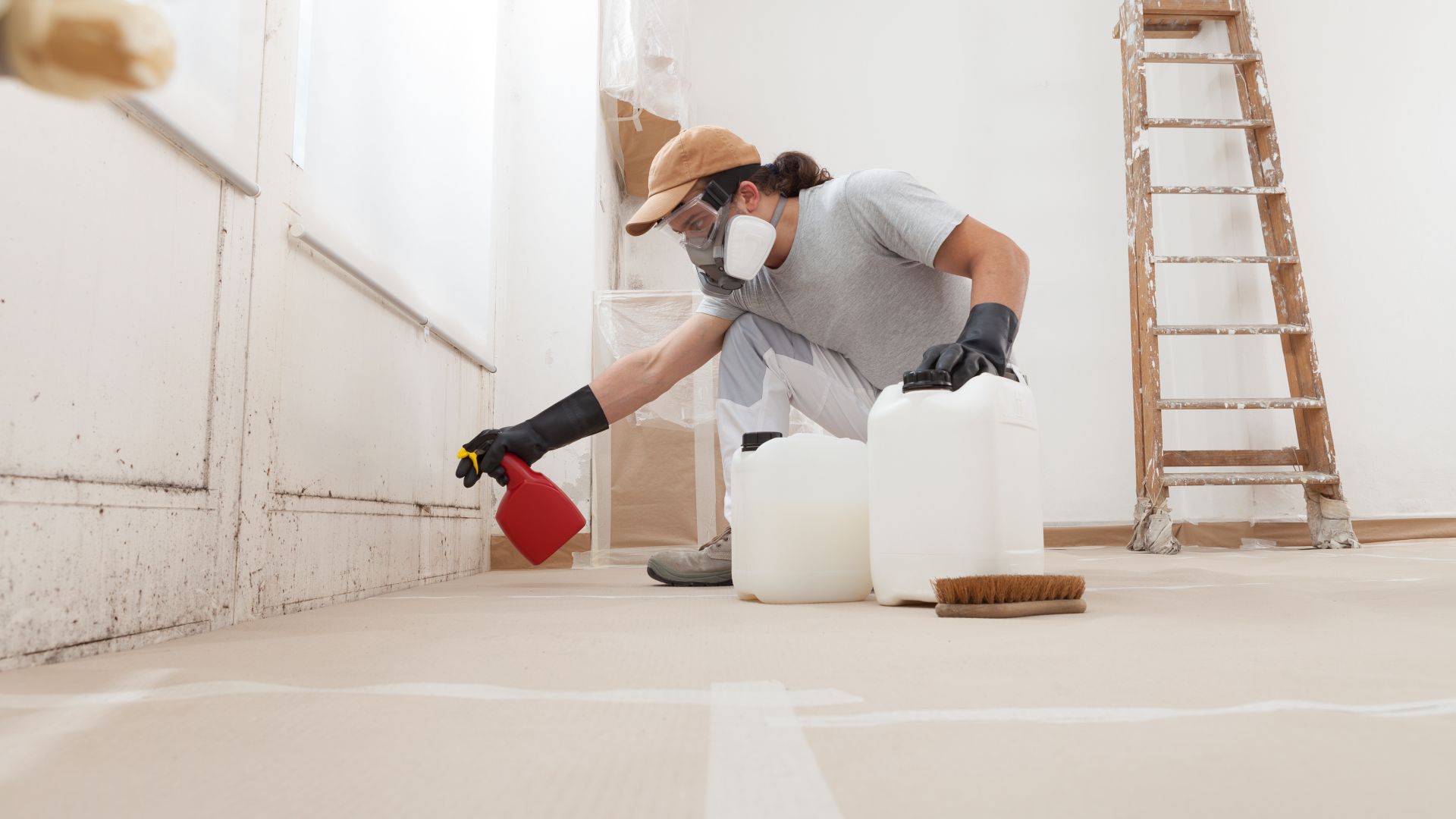 A man is spraying a wall with a spray bottle.