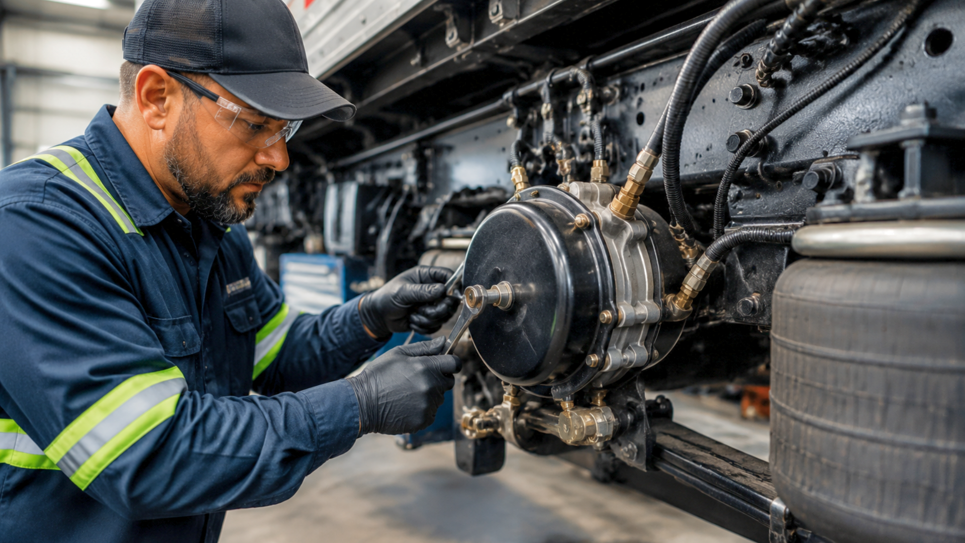 Mechanic in a dark uniform inspecting a vehicle wheel hub under a lifted truck.