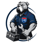 Logo for I-10 with a blue and red circular swoosh and a black wrench graphic