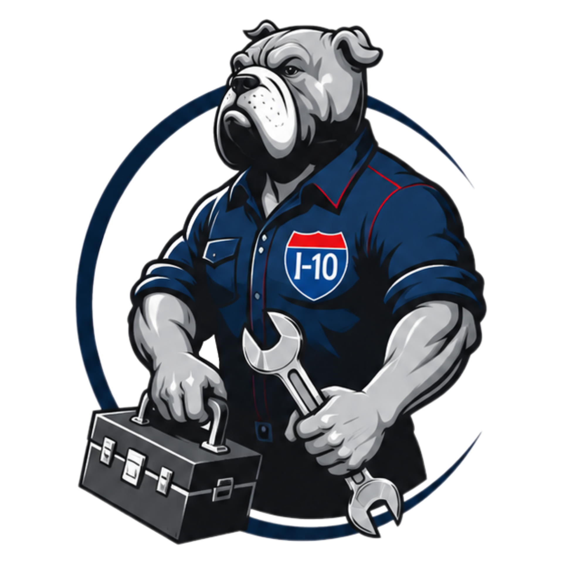 Logo for I-10 with a blue and red circular swoosh and a black wrench graphic