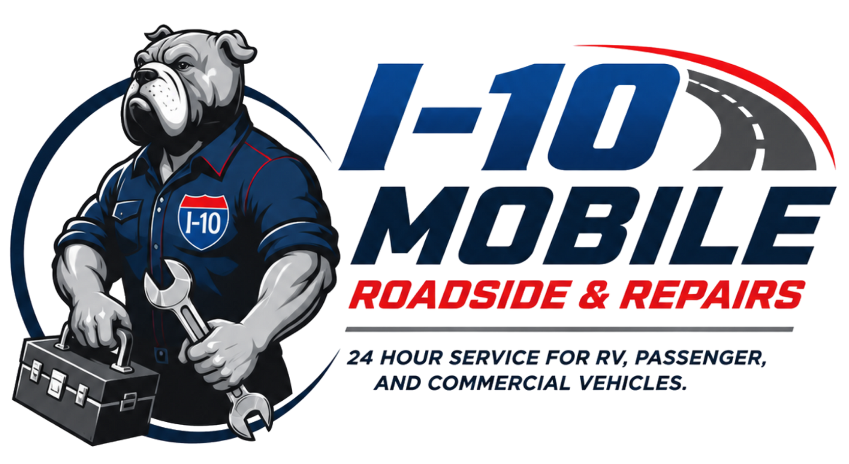 I-10 Roadside & Repairs mobile mechanic service logo in blue, red, and black with wrench graphic and 24/7 text