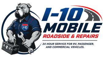I-10 Roadside & Repairs mobile mechanic service logo in blue, red, and black with wrench graphic and 24/7 text