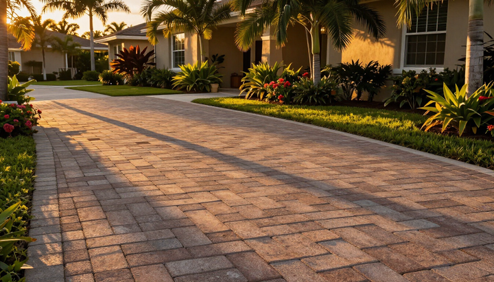 Completed paver driveway in Palm Beach County at golden hour