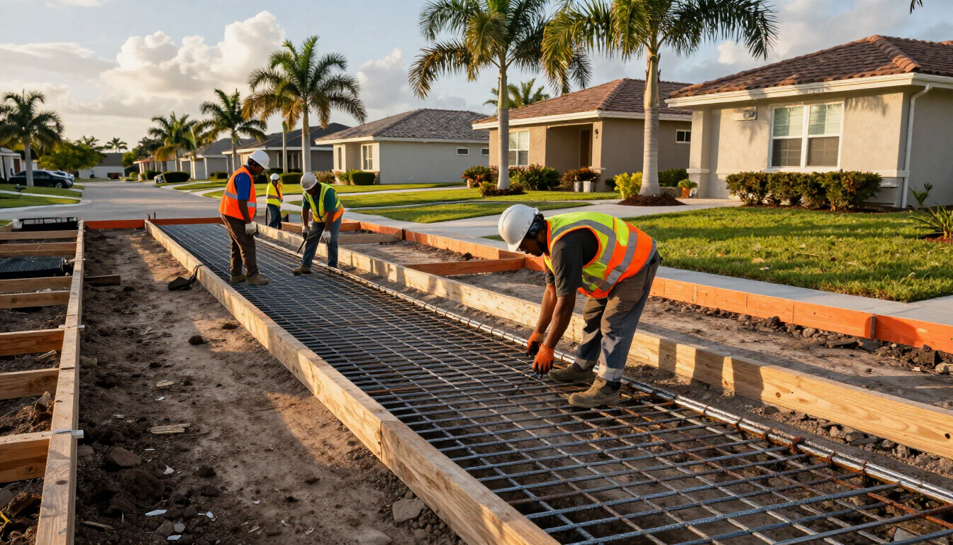 Paving Commandos crew placing rebar grid on driveway subgrade in Palm Beach County