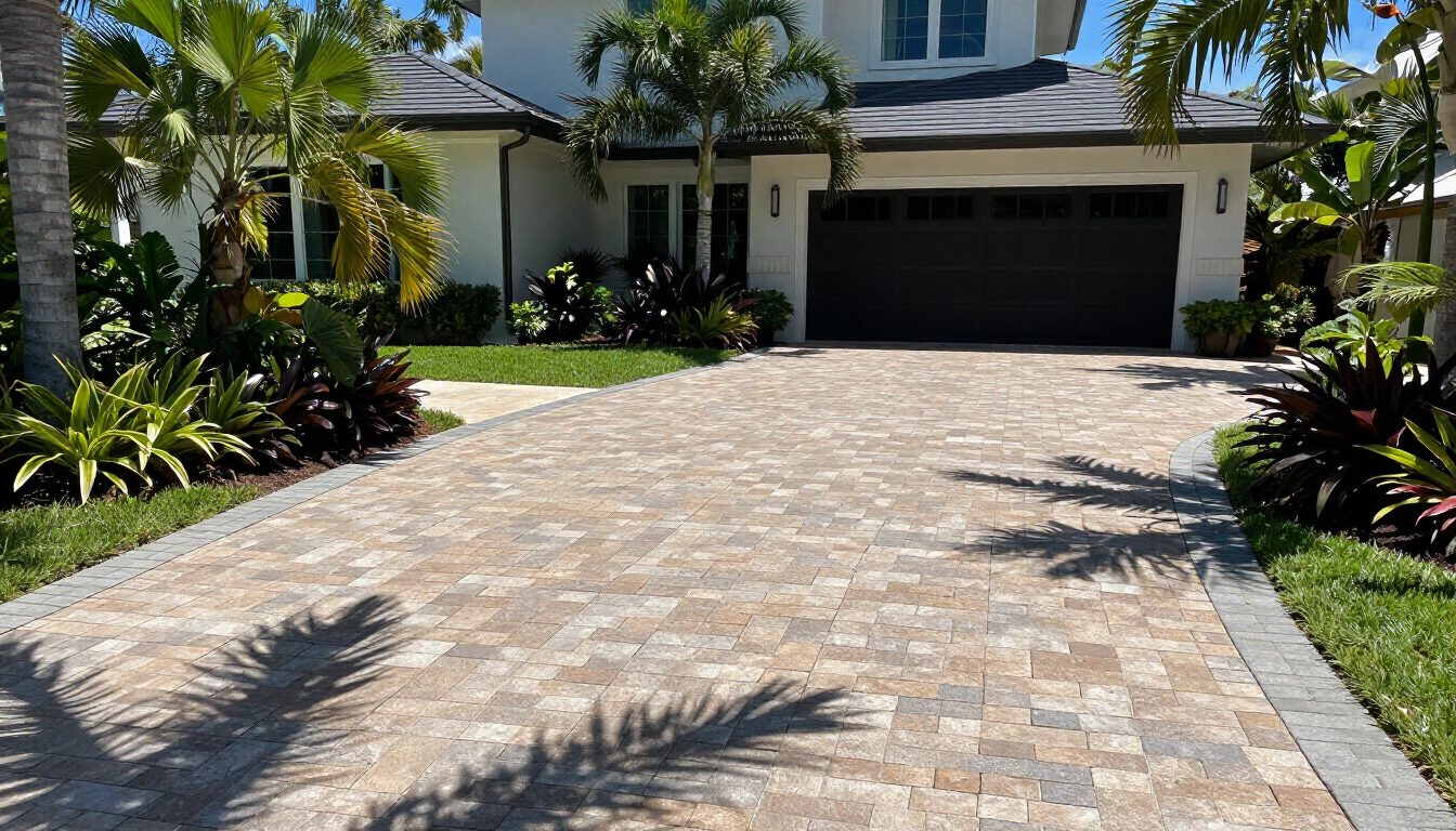 Freshly installed interlocking paver driveway at a Jupiter waterfront estate