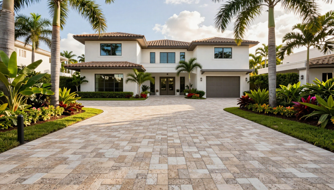 Finished travertine paver driveway at a Boca Raton luxury residence