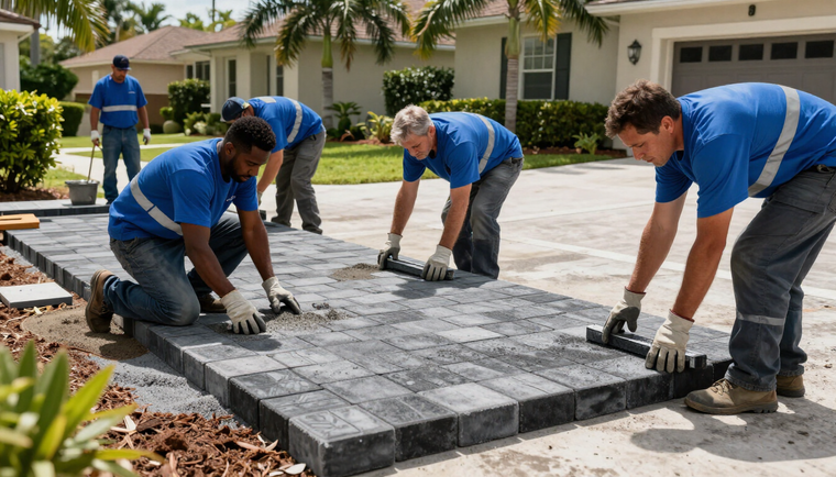 Paving Commandos crew performing paver installation on a South Florida residential driveway
