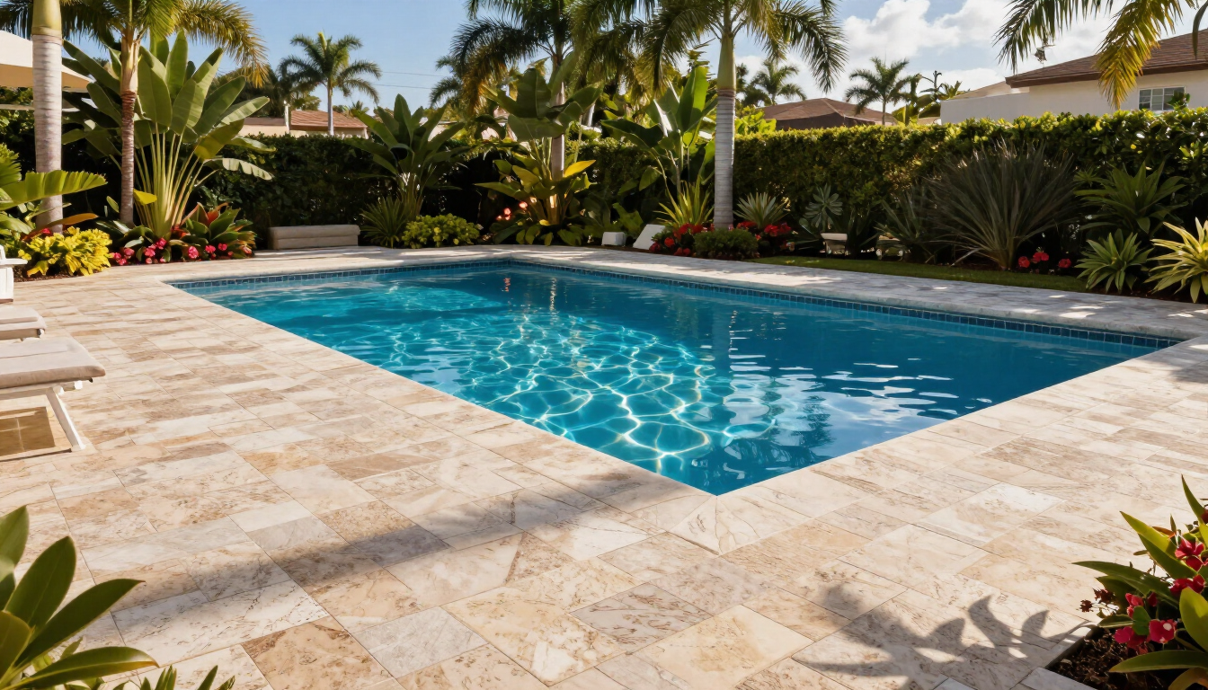 Luxury travertine pool deck in South Florida
