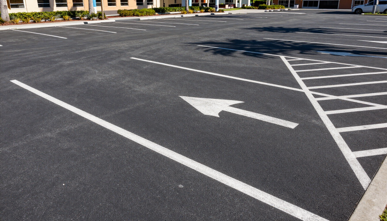 Freshly paved commercial parking lot at a retail plaza in South Florida