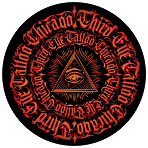 Circular tattoo design: red, ornate text 