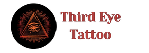Logo for "Third Eye Tattoo." Features a black circle, with an eye inside a triangle. Text is brown.