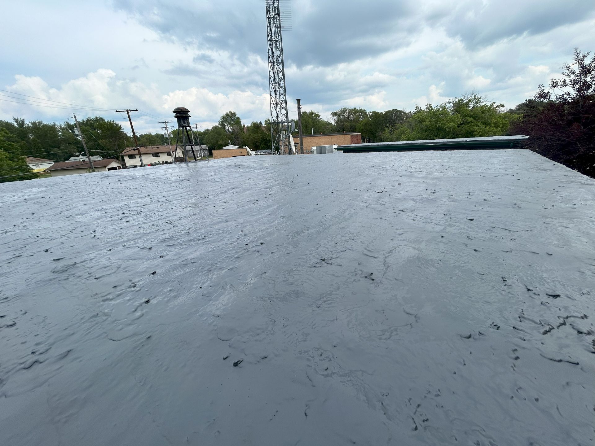 Flat, gray commercial rooftop with a telecommunications tower, trees, and cloudy sky.