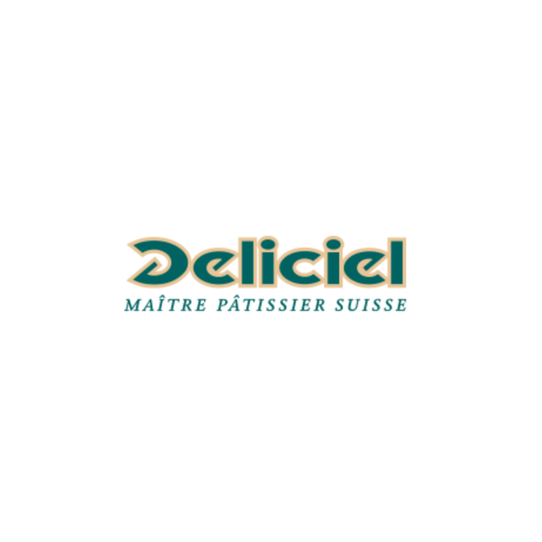 A green and white logo for delicel maitre patissier suisse
