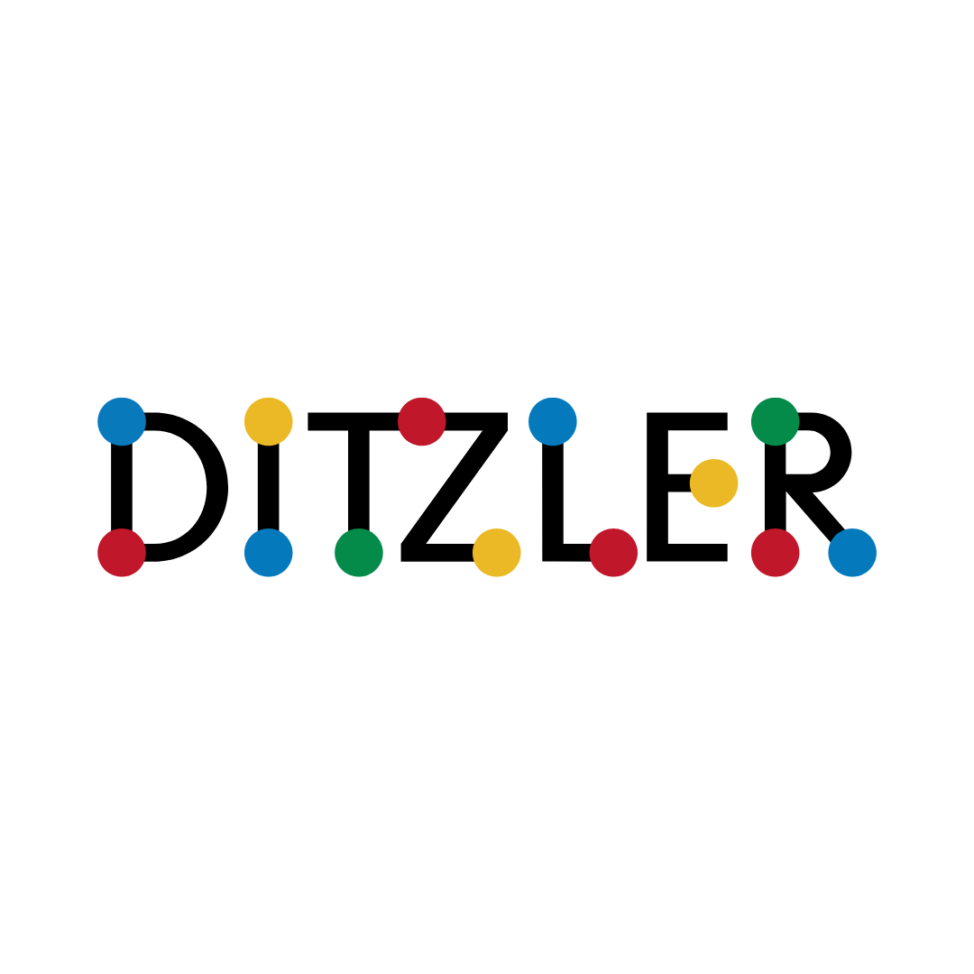 Le mot ditzler est écrit en points colorés sur fond blanc.