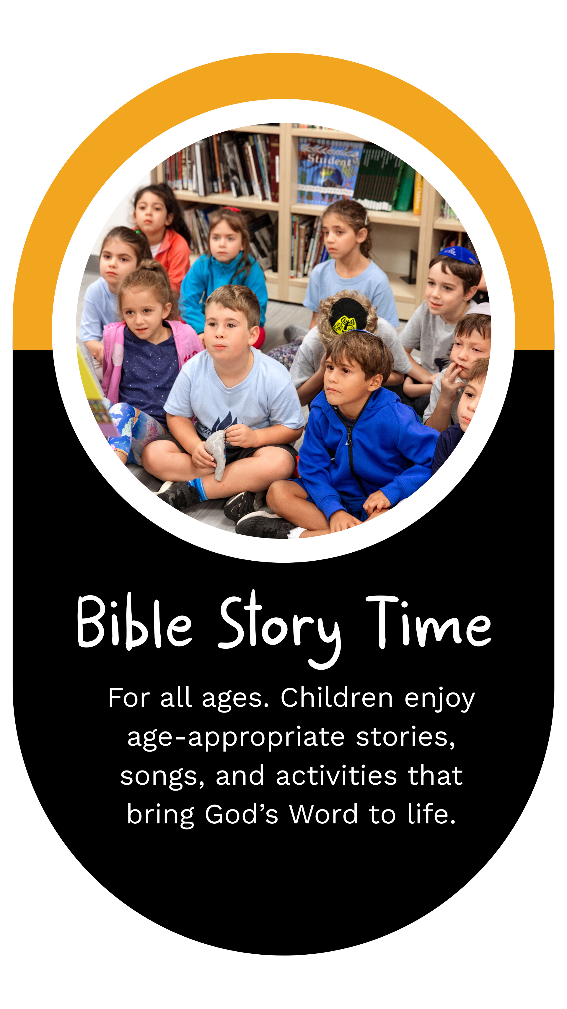 Children eating snacks at a table, an oval graphic with text