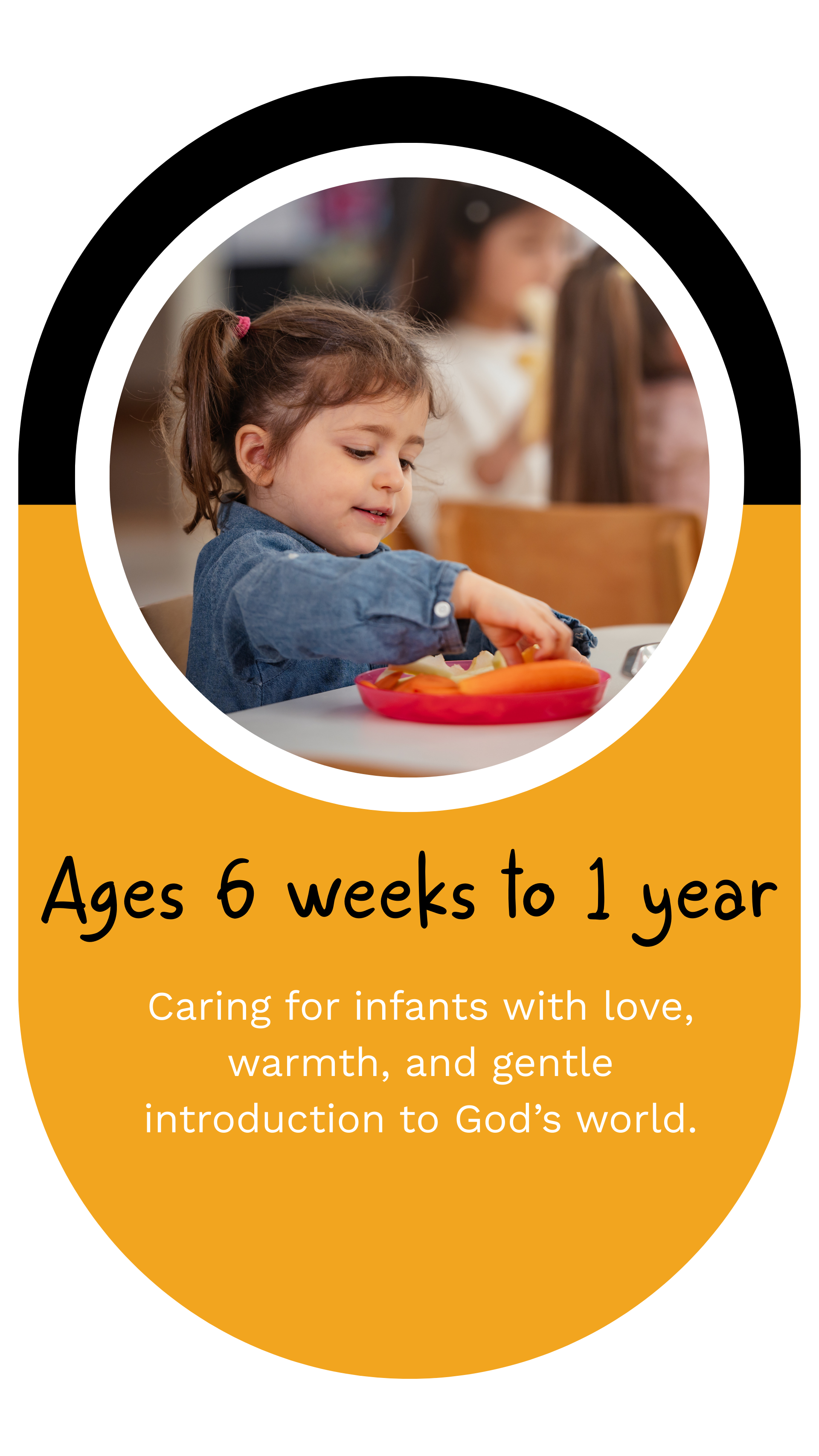 Child eating breakfast at a table. Orange background, black outline.