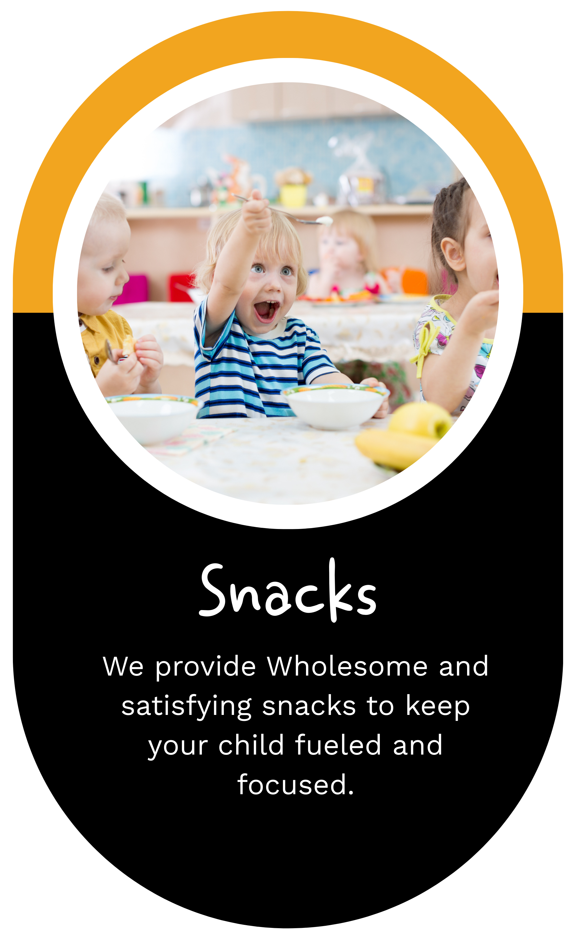 Children eating snacks at a table, an oval graphic with text