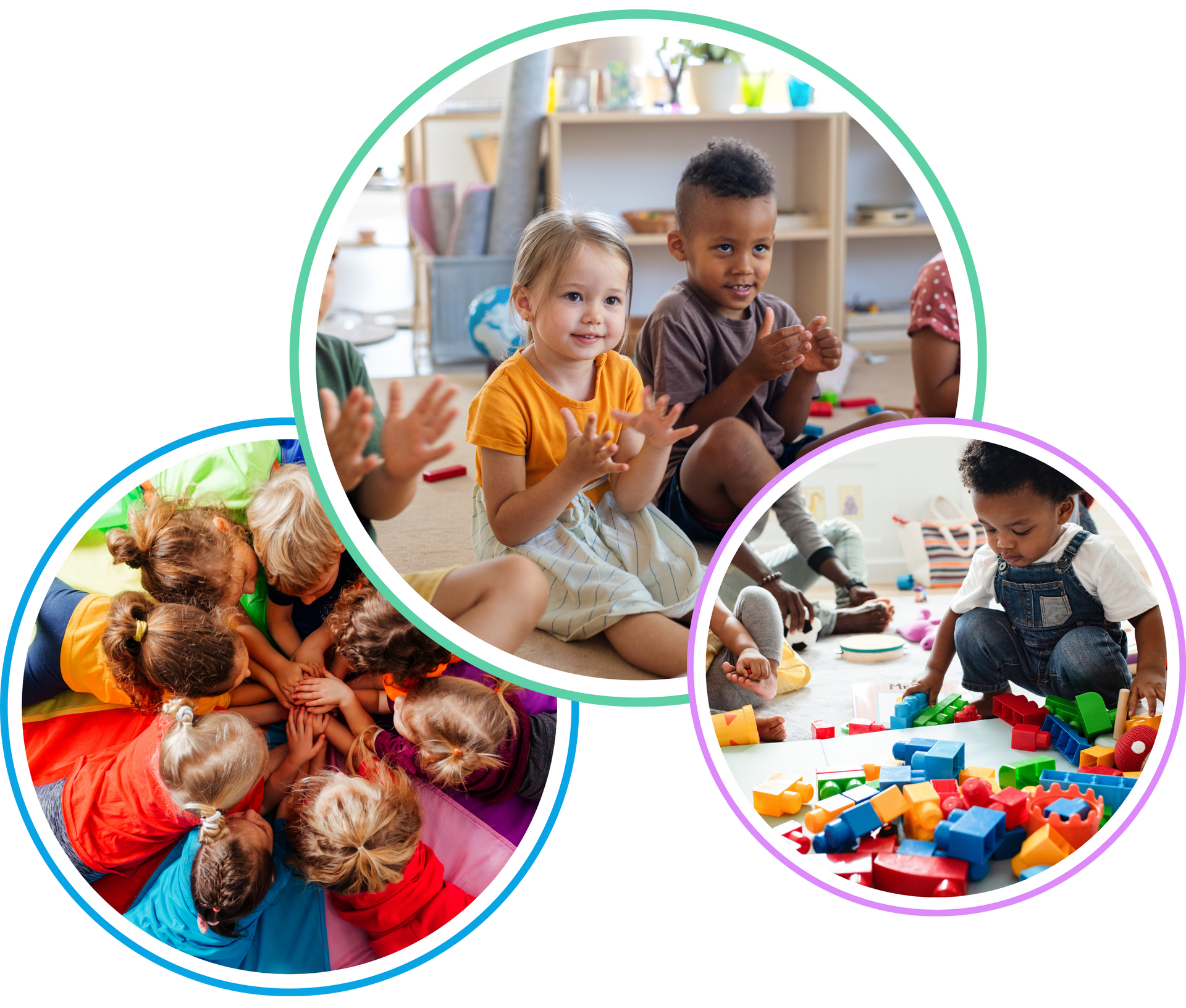 Children playing and learning: circle photos of kids clapping, playing with blocks, and gathering together.