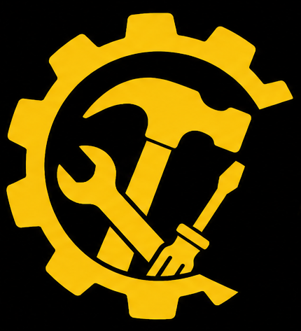 Icono de engranaje amarillo con llave inglesa, martillo y destornillador cruzados sobre fondo negro