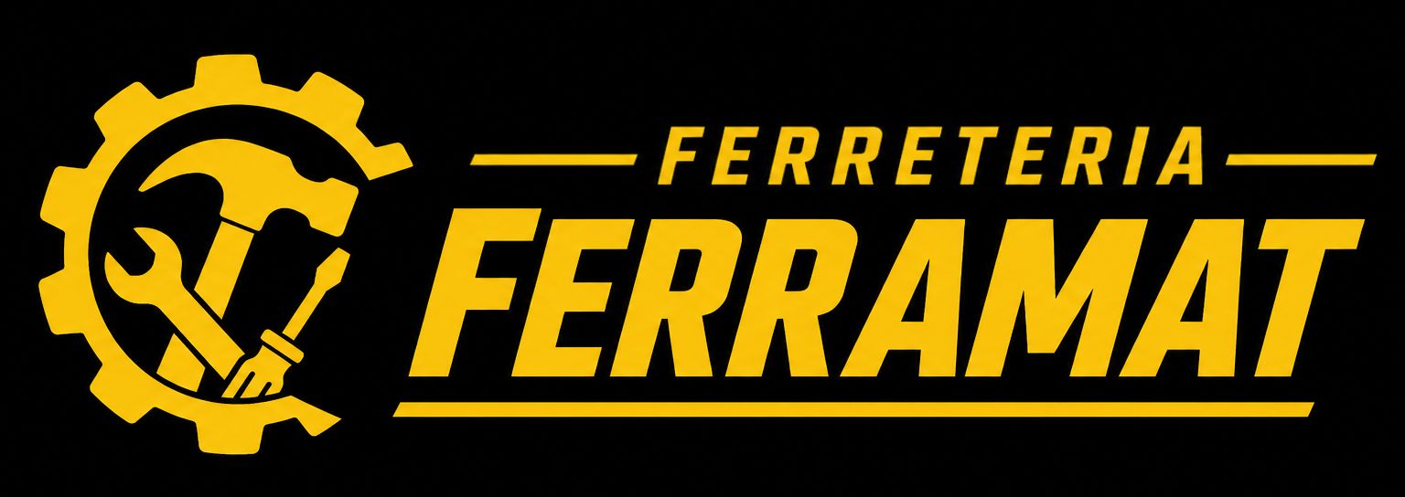 Logotipo amarillo de la ferretería FERREMAT con un icono de engranaje, llave inglesa y martillo sobre un fondo negro.