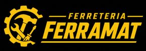 Logotipo amarillo de la ferretería FERREMAT con un icono de engranaje, llave inglesa y martillo sobre un fondo negro.