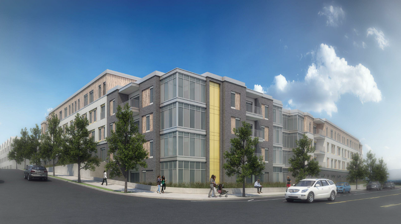 An artist 's impression of a large apartment building with cars parked in front of it.