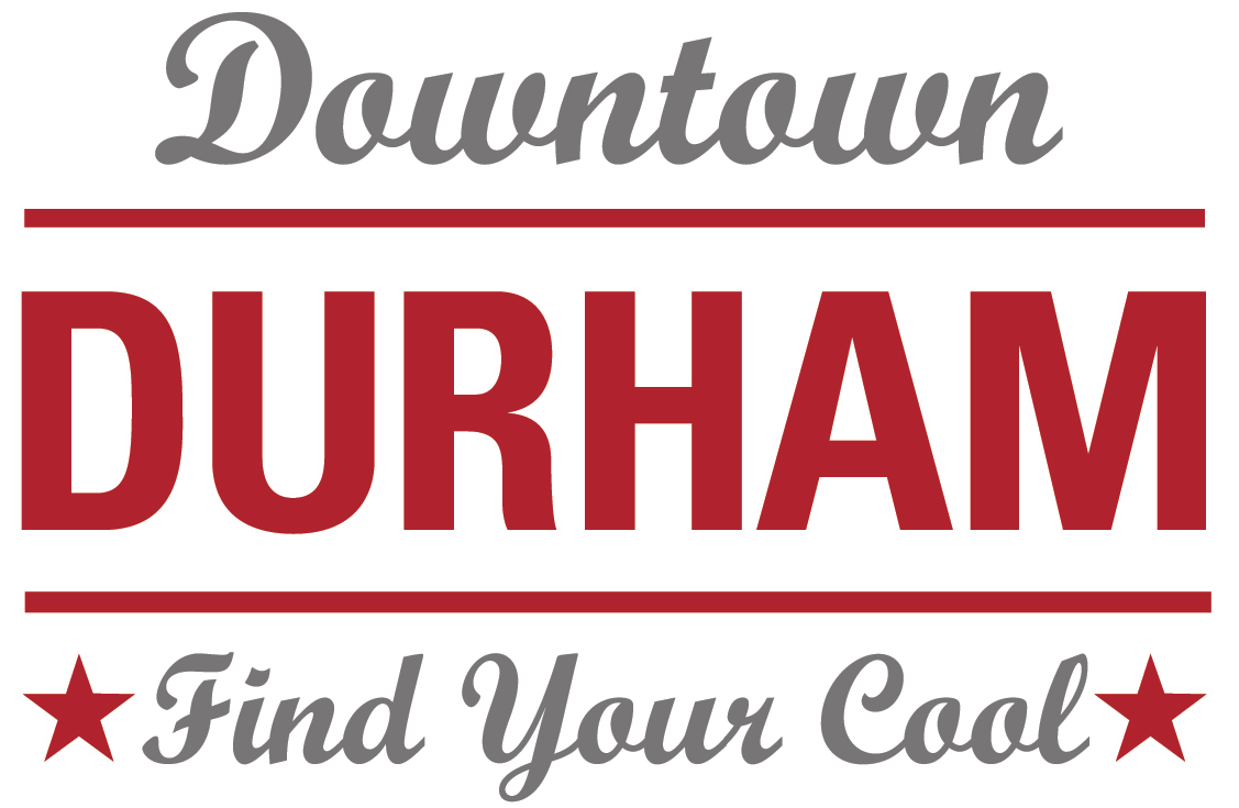 The logo for downtown durham find your cool is red and white.