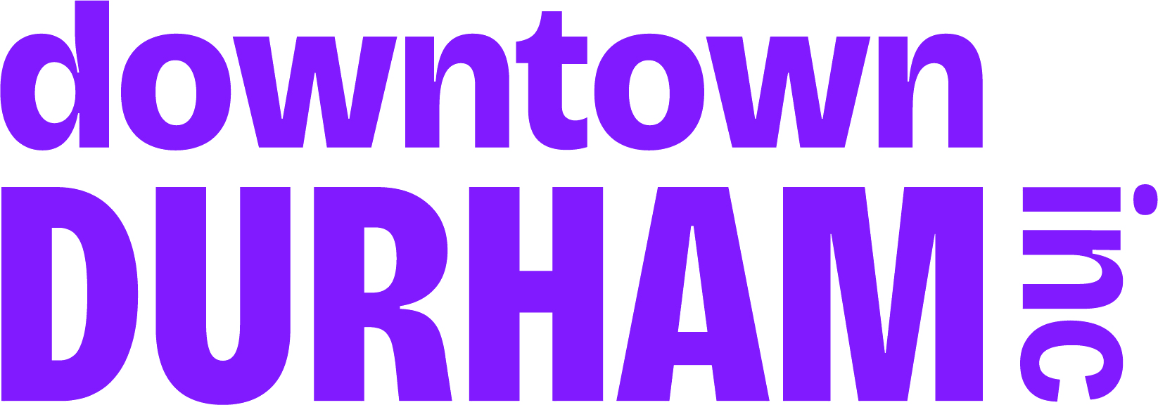 A purple and white logo for downtown durham inc.