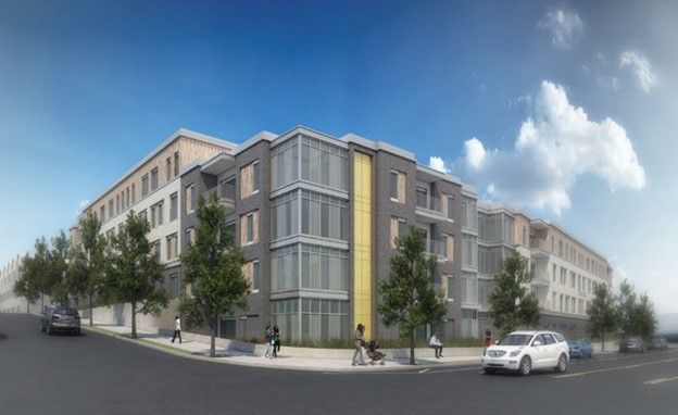 An artist 's impression of a large apartment building with cars parked in front of it.