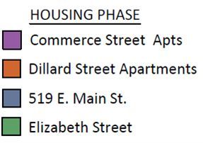 A map showing the housing phase of commerce street apartments , dillard street apartments , and elizabeth street.
