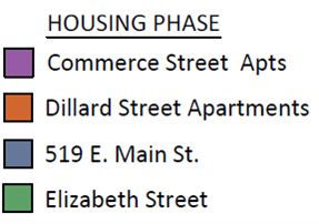 A map showing the housing phase of commerce street apartments , dillard street apartments , and elizabeth street.