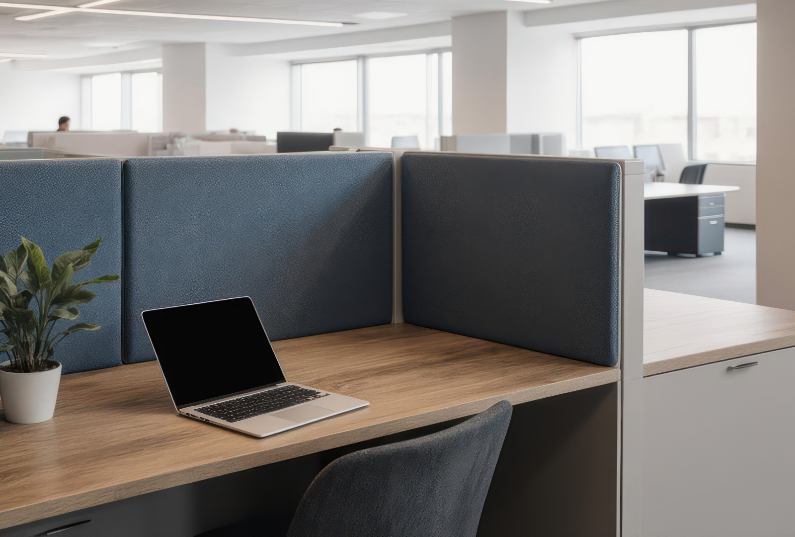 Modern office cubicle with a laptop on a wooden desk and a potted plant, overlooking an open workspace.