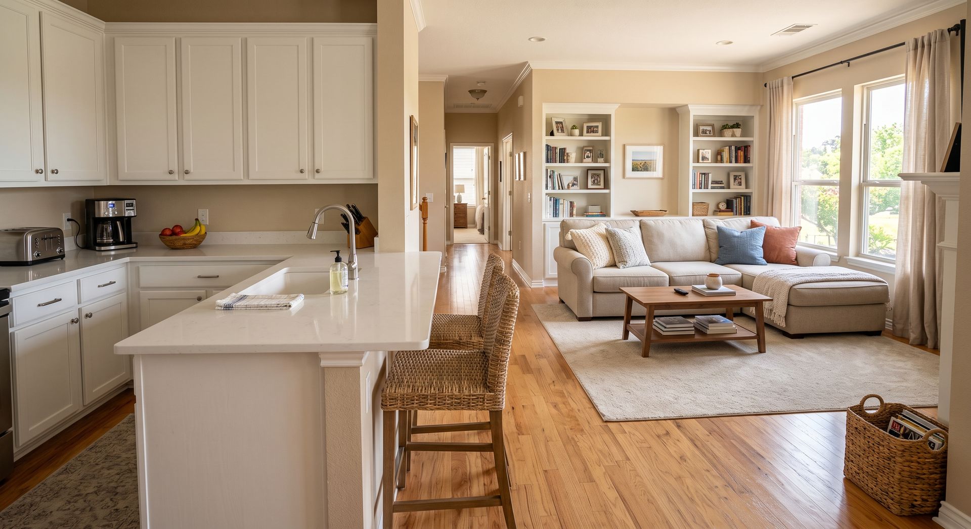 Bright open kitchen and living room with white cabinets, island stools, and large windows with beige curtains