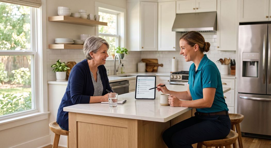 Two women discussing a tablet in a bright kitchen with a laptop and coffee mugs on the island