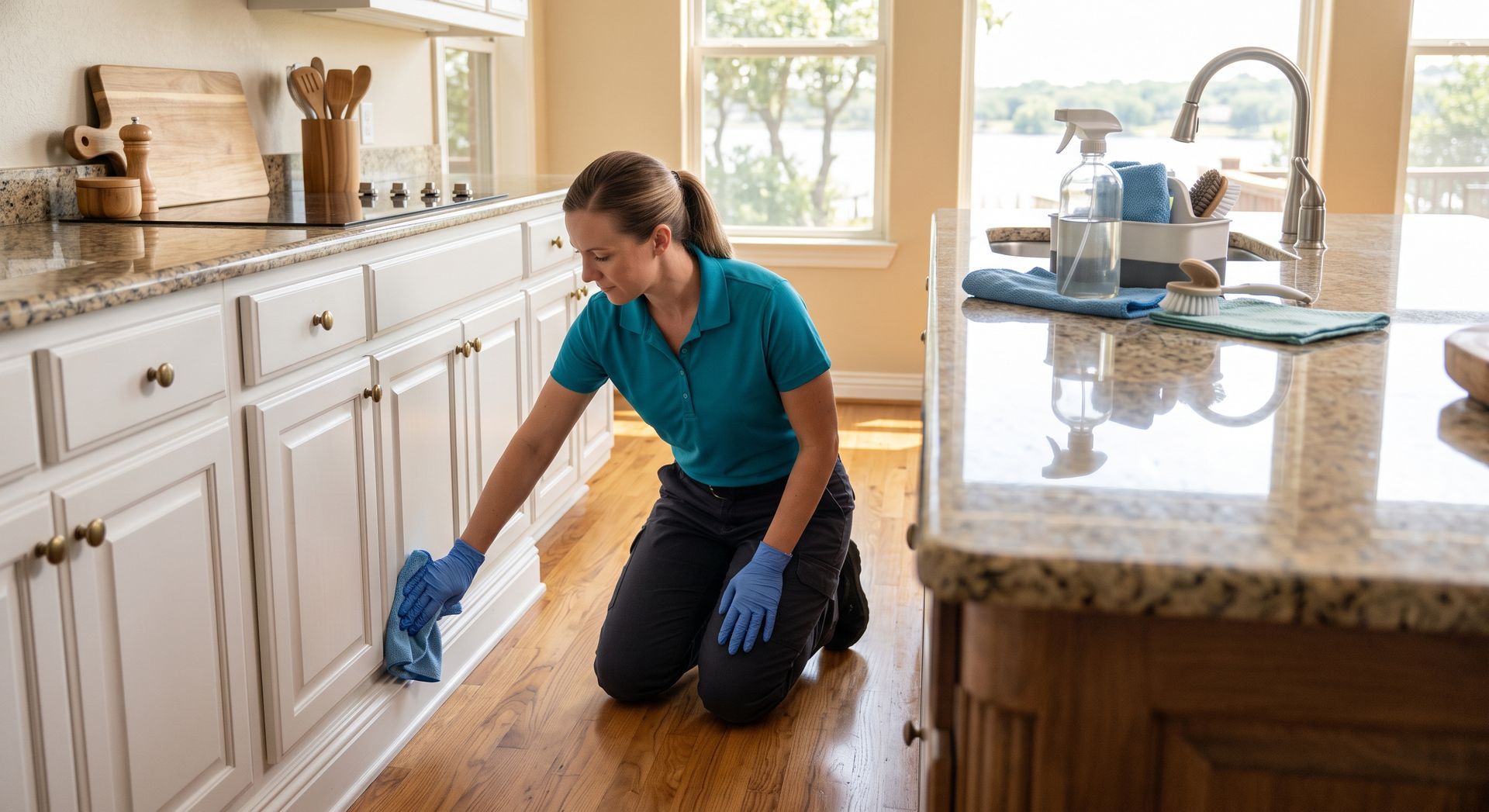 Woman kneeling and mopping a kitchen floor with a blue cloth in a bright home kitchen.