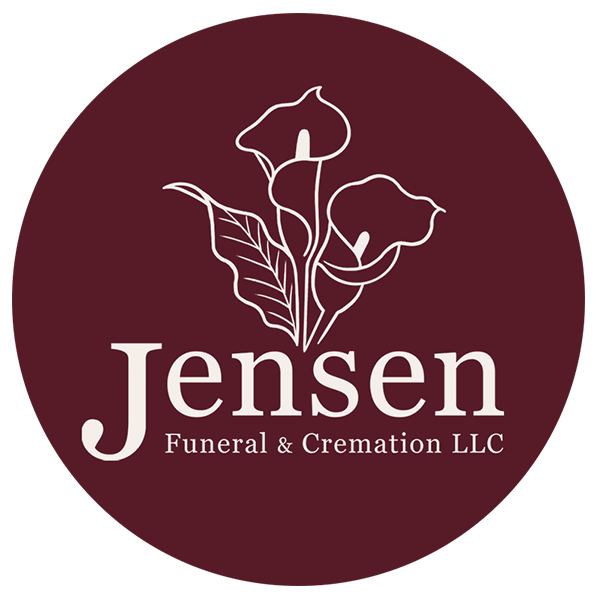 Logo for Jensen Funeral & Cremation LLC featuring white line-art calla lilies on a deep burgundy circular background.