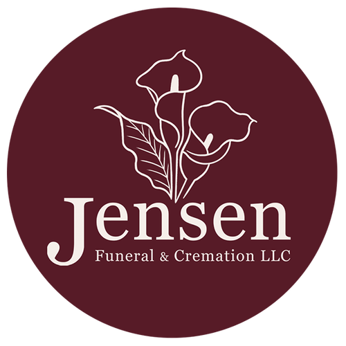 Logo for Jensen Funeral & Cremation LLC featuring white line-art calla lilies on a deep burgundy circular background.