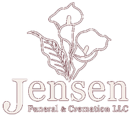 Logo for Jensen Funeral & Cremation LLC featuring an outline drawing of calla lilies above the business name.