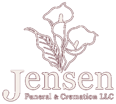 Logo for Jensen Funeral & Cremation LLC featuring an outline drawing of calla lilies above the business name.