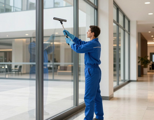 Uniformed cleaner finishing a commercial lobby window