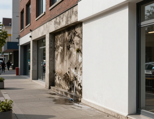 Before and after pressure washing on commercial walkway