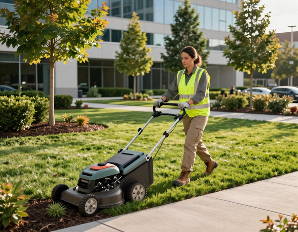 Landscaping crew mowing commercial grounds