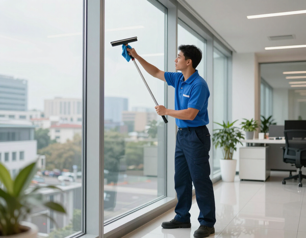 Commercial cleaning crew servicing office building
